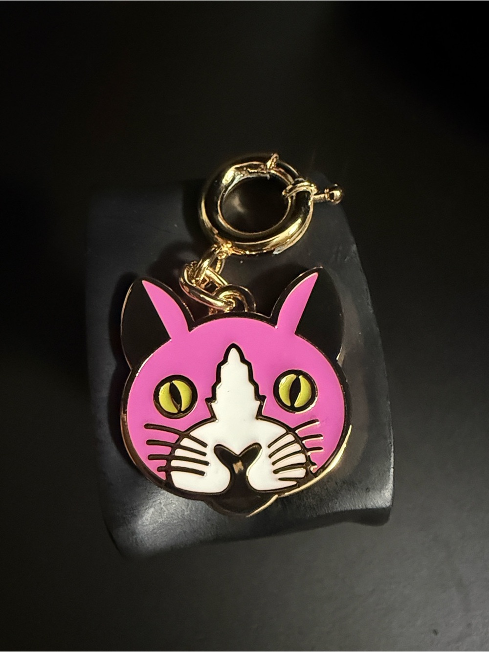 Pink Cat Enamel Keychain with Gold Hardware